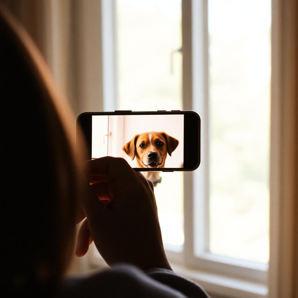 A person quietly holding up a phone to take a candid photo of their dog in soft window light.