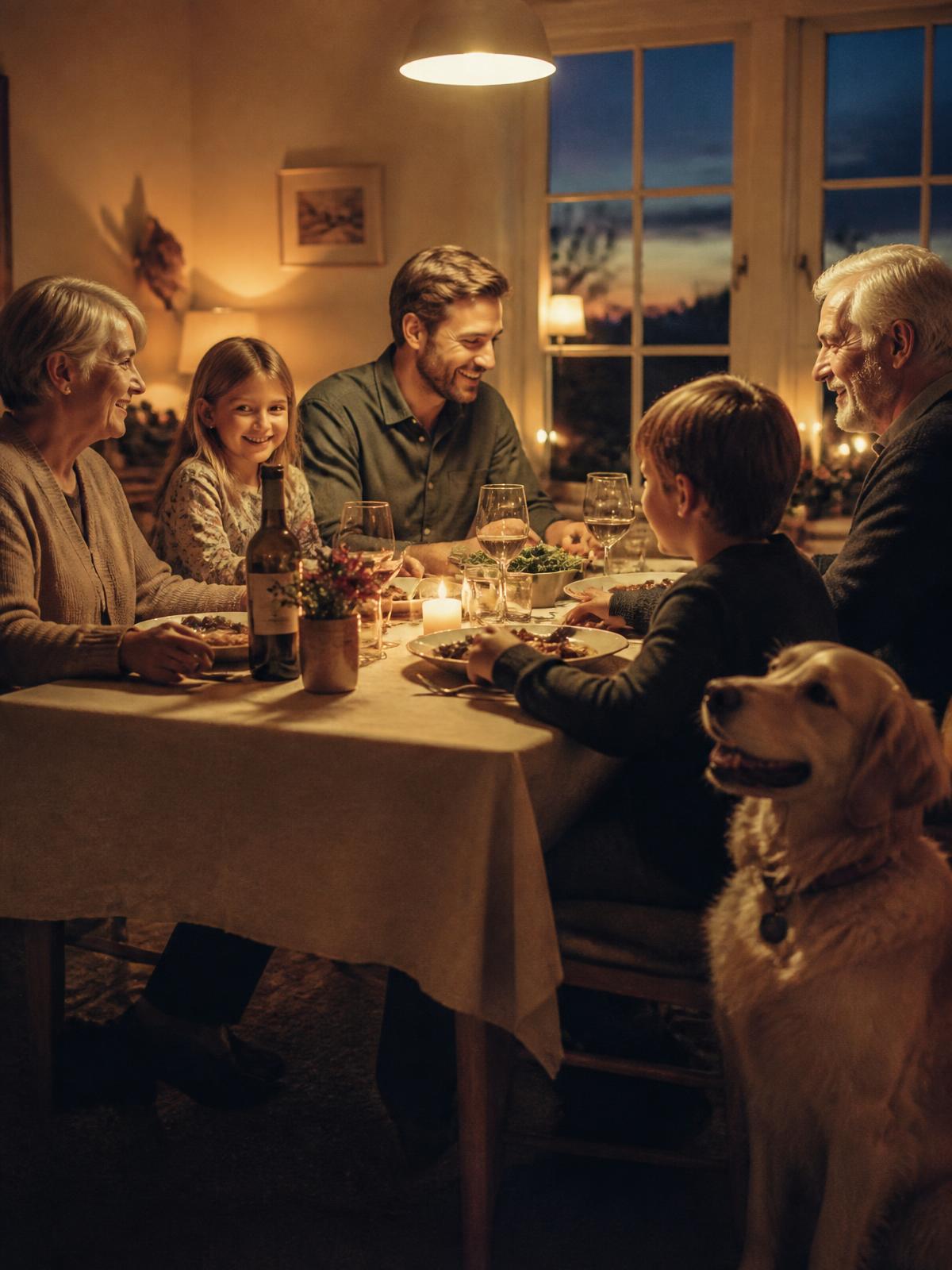 A family gathered warmly around a dining table at dusk, a happy dog beside them.