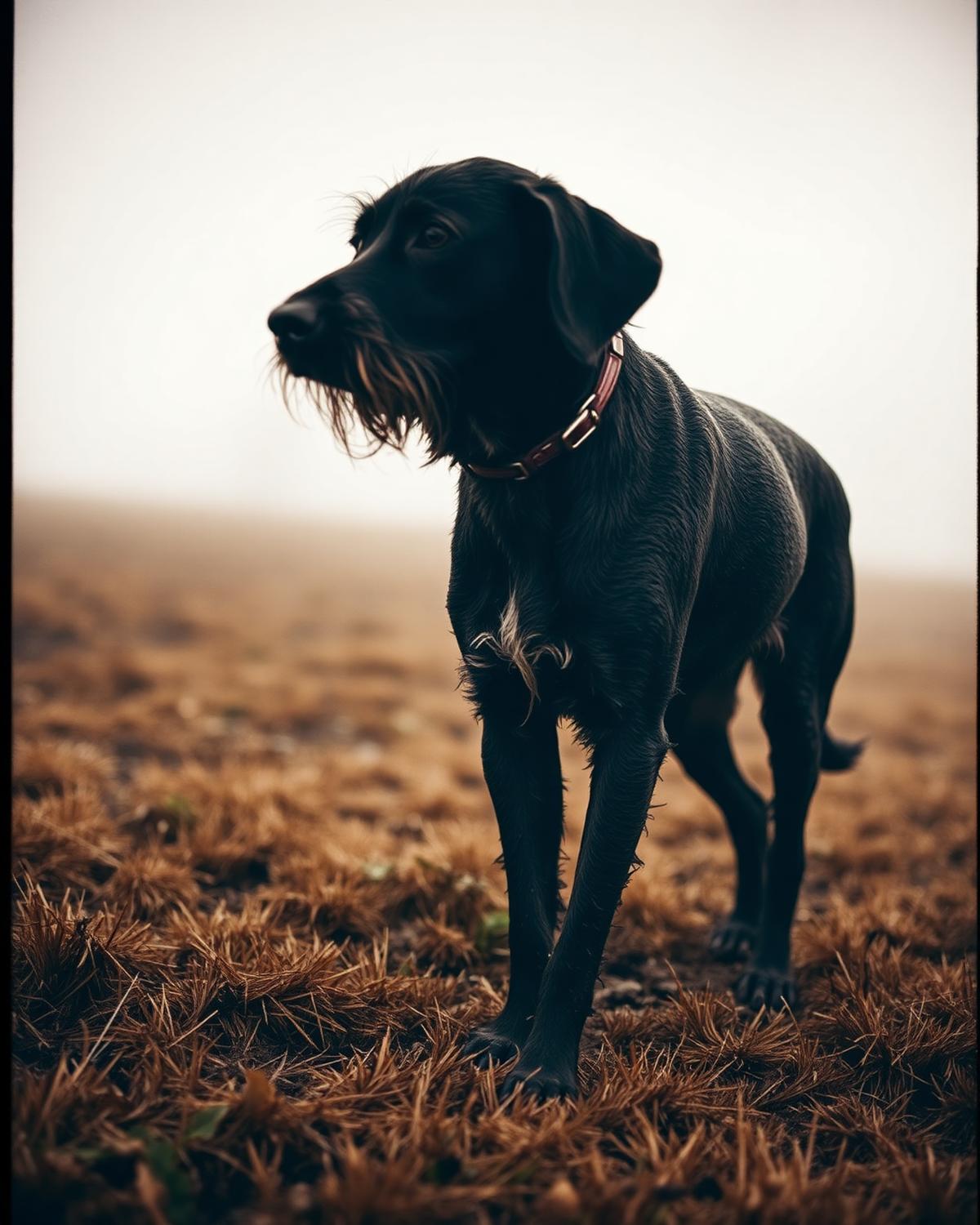 A muddy dog on a foggy morning walk.